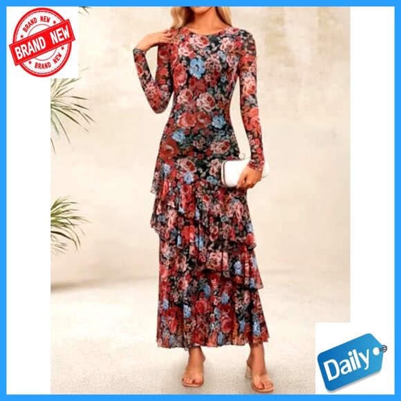 Floral Mermaid Maxi Dress Long Sleeve Mesh Bodycon Formal Wedding Guest - Picture 3 of 7